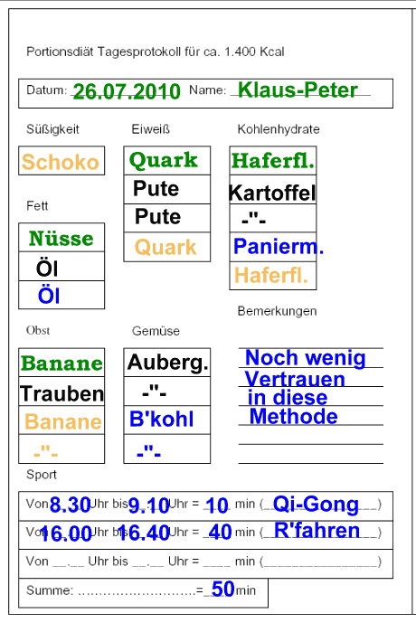 Portionsdiät 1.400 Kcal Beispiel-Tagesprotokoll, ausgefüllt